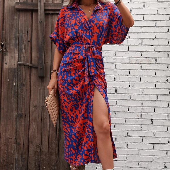 Multicolor Boho Womens Allover Print Batwing Sleeve Belted Shirt Dress - Picture 4 of 5